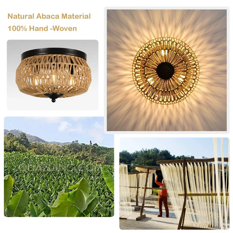 Three Light Woven Rattan Flush Mount Ceiling Light Fixture With Handwoven Cage Shade, natural abaca fiber details shown