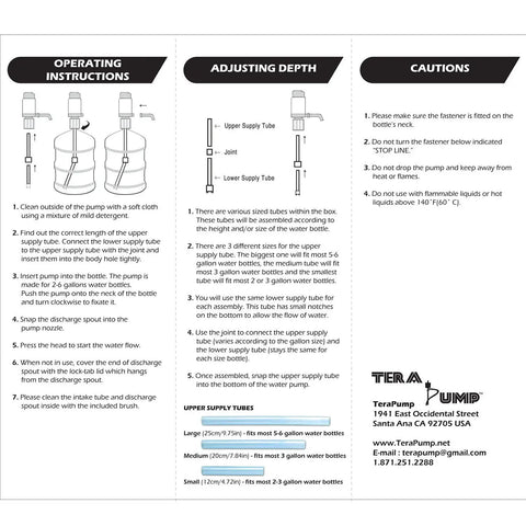 Instruction manual showing setup for No More Heavy Lifting Manual Water Pump for 5 Gallon Bottles, BPA free dispenser.