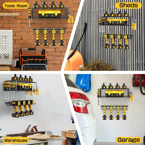 Heavy Duty Wall Mounted Power Tool Organizer 3 Tier Storage Rack For Cordless Drill Tools Strong Wire Mesh Top And Iron Support Space Saving Vertical Organizer Perfect Gift For Dad 2 Pack in four settings: tools room, sheds, warehouse, garage.