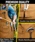 Man in Tough As Nails 20 Oz Waxed Canvas Woodworking Apron with 9 tool pockets, showing double stitching and rivet reinforcement, khaki.