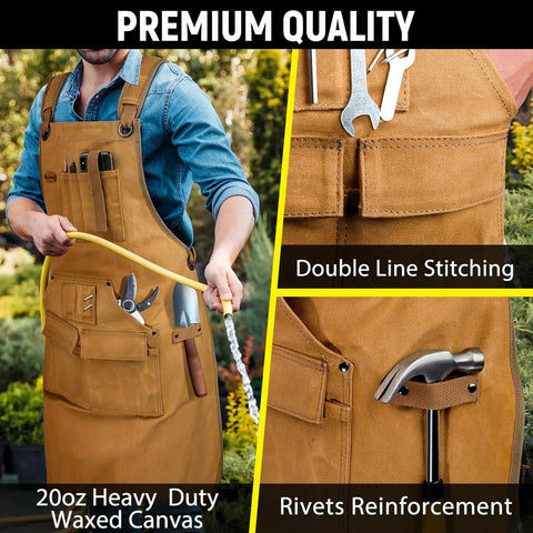 Man in Tough As Nails 20 Oz Waxed Canvas Woodworking Apron with 9 tool pockets, showing double stitching and rivet reinforcement, khaki.