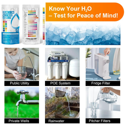 Top Shelf Drinking Water Test Strips Kit For Well Tap And City Water quickly checks 16 parameters, includes various water sources.