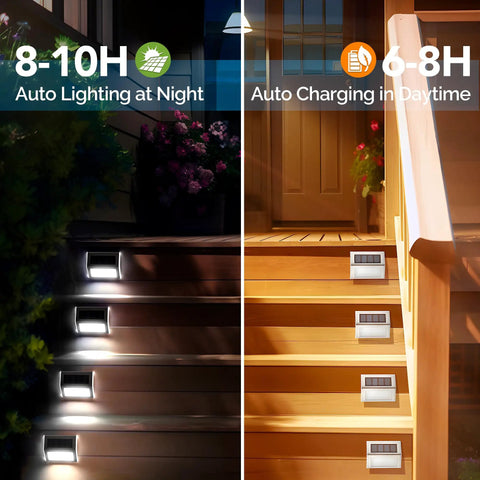 12 Pack Solar Fence Lights Outdoor Waterproof LED Step Lighting on wooden steps, night and day view, stainless steel design