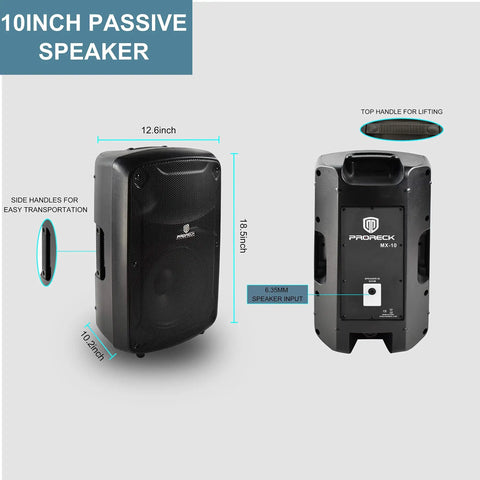 Image of 10-inch passive speaker from 1600W 6-Channel Powered Bluetooth Mixer PA System with detailed dimensions.