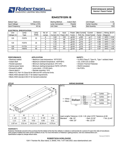 Specification sheet for Electronic Fluorescent Ballast For 3 Or 4 T8 Lamps Instant Start 120V with wiring diagram and details.