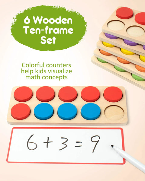 Wooden Ten Frame Math Set with 152 pieces for kindergarten students, featuring counters, a dry erase board, and marker.