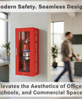 Red Steel Fire Extinguisher Cabinet With Quick Access Magnetic Door Wall Mount Kit Includes 3D Sign Tags Seals Turnkey Ready Fits 5 and 10 Pound Extinguishers shown mounted in an office space.