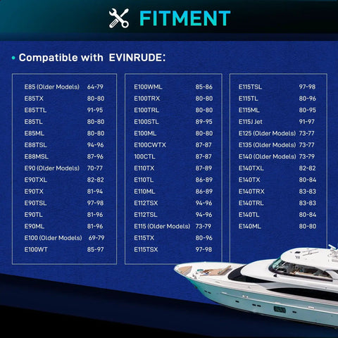 Compatibility chart for Premium Marine Starter Replacement For 80HP To 140HP Outboards Fits Evinrude various models.