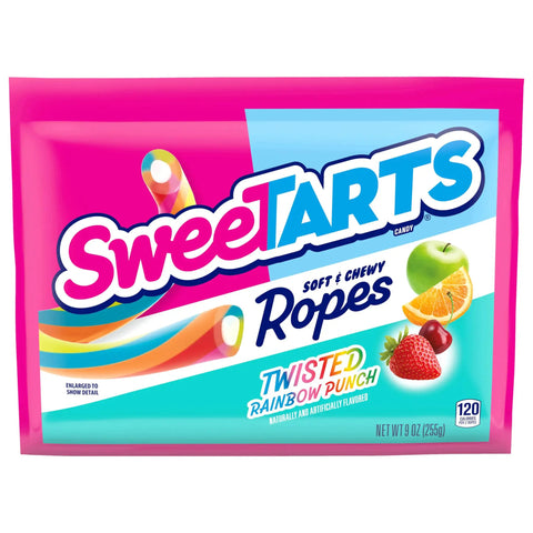 Ropes Candy Twisted Rainbow Punch Flavor Soft And Chewy 9 Oz Pack, colorful fruit rope snack packaging with fruits pictured.