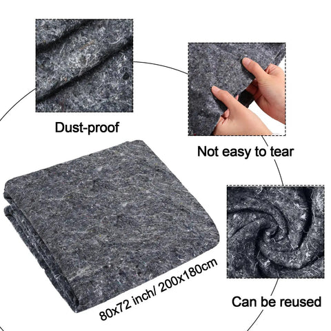 Close-up collage of 24 Piece Bulk Pro Grade Built Tough Moving Blankets 80 By 72 Inch Quilted Furniture Pads showcasing texture and size.