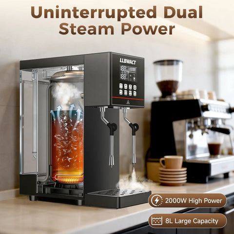 Beast Mode Dual Head Commercial Steam Milk Frother Driving Twin Independent Wands For Lightning Fast Microfoam and Crushing Peak Heavy Coffee Shop Rush Hours showing dual steam wands and 8L capacity.