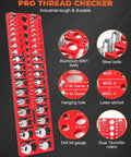 Front view of red 57-piece nut-and-bolt thread checker on aluminum 6061 body with standard and metric gauges and drill-bit gauges
