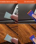 Comparison of metal blade causing scratches vs. 4 Piece Plastic Razor Blade Scraper Set With 120 Replacement Blades safe use on surfaces.
