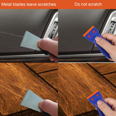Comparison of metal blade causing scratches vs. 4 Piece Plastic Razor Blade Scraper Set With 120 Replacement Blades safe use on surfaces.