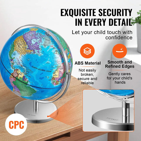 Rotating 13 Inch World Globe With Stand For Kids And Classrooms 720 Degree Spin Precise Time Zone ABS Material Educational