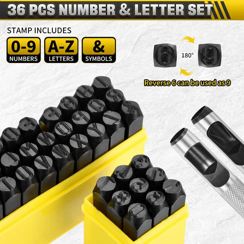 36-Piece Metal Stamping Kit with 10mm dies for imprinting plastic, wood, leather, and jewelry, A-Z, 0-8, symbol, steel stamps