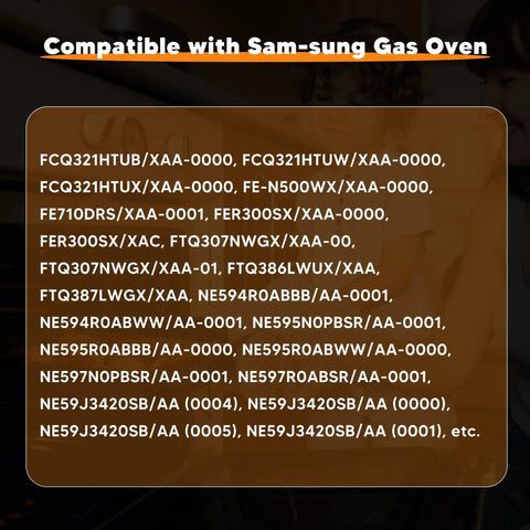 Image showing Samsung gas oven models compatible with Replacement Oven Temperature Sensor Probe For Samsung And LG Ovens Thermistor DG32-00002B Compatible 82mm Cable Fits EBG61305805 6322B62214A PS4240743 PS11732697 No Fuss Install.