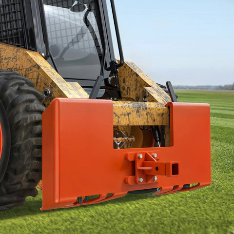Beefy Point Four Inch Thick Heavy Duty Skid Steer Attachment Plate With 2 Inch Trailer Hitch Receiver 3000 Lbs Capacity mounted on tractor