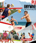 Athletes using 12Ft Volleyball Training Net For Backyard Play, Portable Freestanding Practice Net With Height Adjustable Frame at various locations.