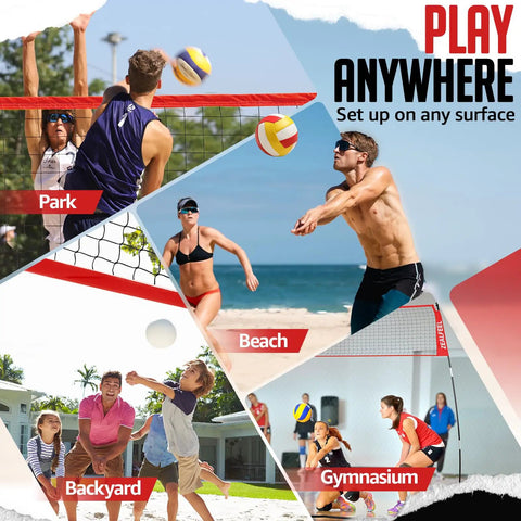 Athletes using 12Ft Volleyball Training Net For Backyard Play, Portable Freestanding Practice Net With Height Adjustable Frame at various locations.