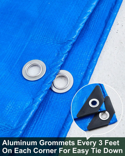 Close-up of blue tarp with aluminum grommets, part of 3 Pack 10 Foot By 10 Foot Heavy Duty Waterproof Tarps With Grommets 5.5 Mil Thick PE Ground Cover
