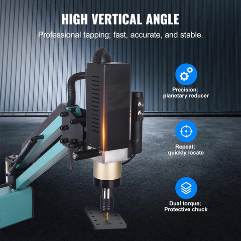 Doppy 1200W Servo Electric Tapping Machine M6 To M30 With 9 Piece Collet Set, showing high vertical angle and precision feature.