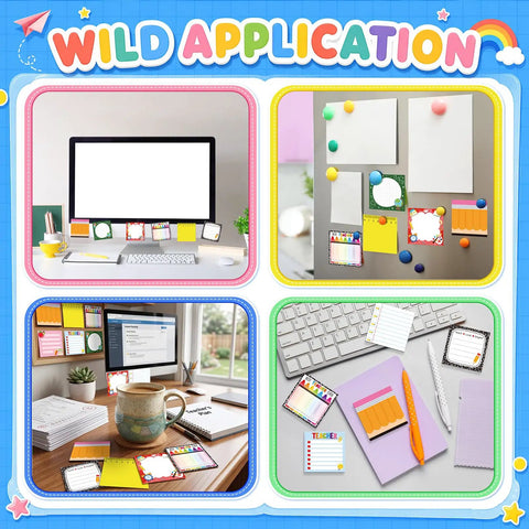 Back To School Sticky Notes Set Of Nine Pads Fifty Sheets Each Cute Teacher Notepads displayed in office and classroom setups.