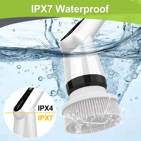 Badass Cordless Electric Spin Scrubber With High Torque Motor And Adjustable Speeds For Blasting Away Tough Bathroom Scale And Shower Soap Scum Long Lasting Battery Keeps You Working Harder, shown waterproof in action underwater.