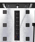 Premium Matte Black Shower Setup With A Heavy Rainfall Head And Adjustable Handheld Sprayer Dual Body Jets Plus Six Function Valve, featuring a sleek rainfall panel and body jets.