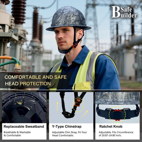 Worker wearing G1E Full Brim Construction Hard Hat With Sunshade ANSI Class E HDPE Head Protection For On The Job Sites