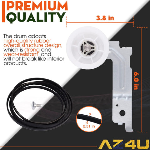 Dryer Repair Kit With Four Drum Rollers Belt And Pulley Replacement For Widely Used Front Load Dryers DC97-16782A 6602-001655 DC93-00634A Aftermarket Parts DIY Friendly Install, showing belt and pulley dimensions.