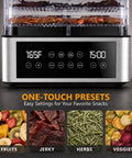 Pro Food Dehydrator With Slick One Touch Presets And Five Stackable Trays For Hassle Free Jerky Fruit Herbs And Dog Treats Straight Up Digital Timer Controls showing control panel with display and assorted dehydrated snacks.