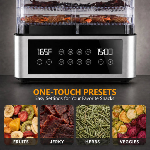 Pro Food Dehydrator With Slick One Touch Presets And Five Stackable Trays For Hassle Free Jerky Fruit Herbs And Dog Treats Straight Up Digital Timer Controls showing control panel with display and assorted dehydrated snacks.