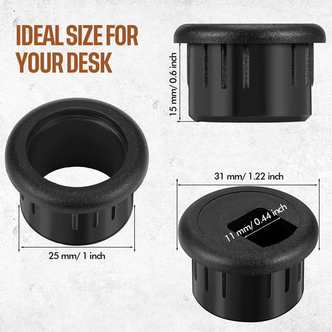 10 Pack Desk Grommets Plastic Cable Hole Covers For Wire Management Black 1 Inch Grommets dimensions and design