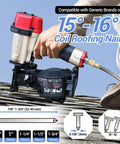 Lightweight Pneumatic Roofing Nailer 15 Degree Coil Nail Gun Slides Between Rafters Without Killing Your Shoulders Handles Asphalt Shingles Like A Champion For Brutal Steep Roof Days, shown with nail specifications.