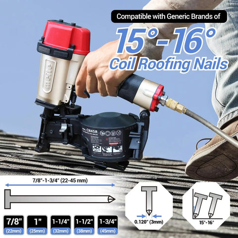 Lightweight Pneumatic Roofing Nailer 15 Degree Coil Nail Gun Slides Between Rafters Without Killing Your Shoulders Handles Asphalt Shingles Like A Champion For Brutal Steep Roof Days, shown with nail specifications.