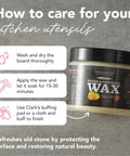 Soapstone and Concrete Countertop Wax 6 oz Orange Lemon Scent with Carnauba and Beeswax That Builds a Non Greasy Protective Barrier Against Stains and Spills on Stone Slate Concrete and Butcher Block Surfaces, jar with care steps