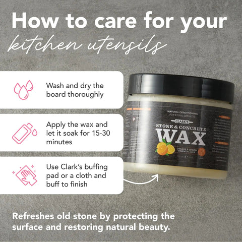 Soapstone and Concrete Countertop Wax 6 oz Orange Lemon Scent with Carnauba and Beeswax That Builds a Non Greasy Protective Barrier Against Stains and Spills on Stone Slate Concrete and Butcher Block Surfaces, jar with care steps