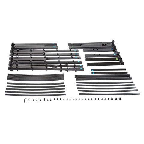 Heavy Duty Full Bed Frame With 18 Inch Rise Black Finish Noise Free Design No Box Spring Required No Sweat Assembly components laid out