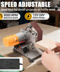 Badass Mini Electric Belt Sander And Knife Sharpener For Precision Jewelry Crafting And Desk Polishing Compact Power Tool with adjustable speed at 9000 RPM.