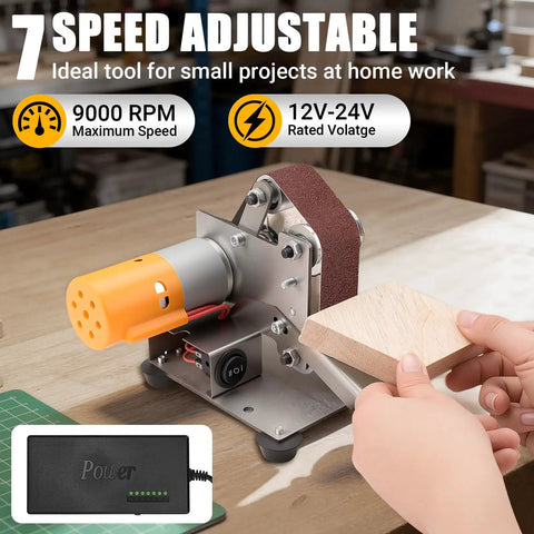 Badass Mini Electric Belt Sander And Knife Sharpener For Precision Jewelry Crafting And Desk Polishing Compact Power Tool with adjustable speed at 9000 RPM.
