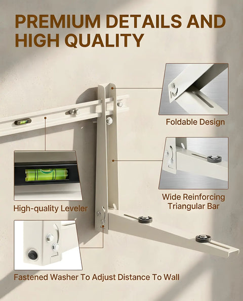 Beefed Up Mini Split Wall Mount Bracket with foldable design, leveling bar, and fastened washer for 400 lb load capacity