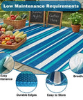 Outdoor Patio Rug 4x6 Ft Waterproof Plastic Straw Style with striped blue design on patio, baskets of vegetables nearby.
