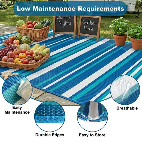 Outdoor Patio Rug 4x6 Ft Waterproof Plastic Straw Style with striped blue design on patio, baskets of vegetables nearby.
