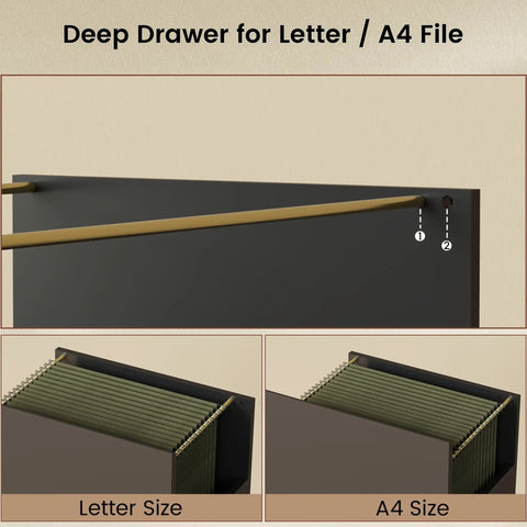 Deep drawer designed for Letter and A4 file storage, compatible with Premium 63 Inch Electric Height Adjustable Standing Desk With Four Drawer Filing Cabinet.