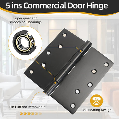 5 Inch by 5 Inch Heavy Duty Door Hinges That Hold Up to 220 Lbs with 20 Screws, Square Corner Design, Rugged Steel Construction for Interior and Exterior Doors, Easy Install, Smooth Operation, Maximum Bearing Strength, black ball-bearing hinge