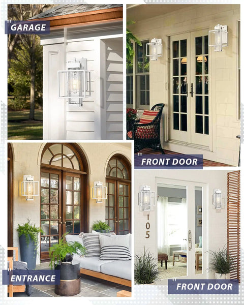 Collage of Dusk To Dawn Sensor Outdoor Wall Light Two Pack Aluminum Fixtures in White Finish on different house walls.