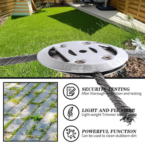 6 Inch Steel Wire Brush Cutter Trimmer Head For Electric Cordless String Trimmers with illustrated uses for lawn care.