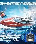 Fast RC Boat For Pools And Lakes With 2.4 GHz Remote Reaches Up To 20 MPH, showing low battery warning icon.