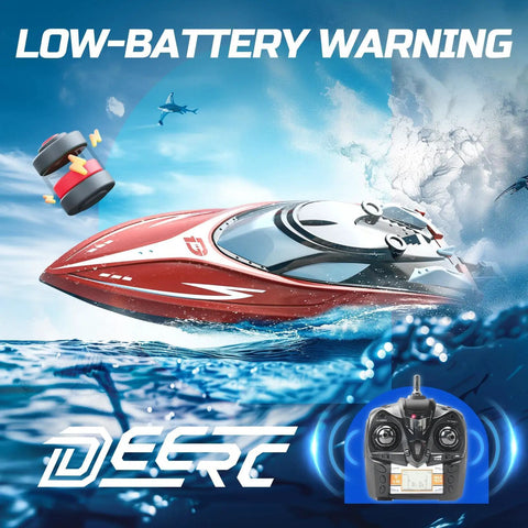 Fast RC Boat For Pools And Lakes With 2.4 GHz Remote Reaches Up To 20 MPH, showing low battery warning icon.